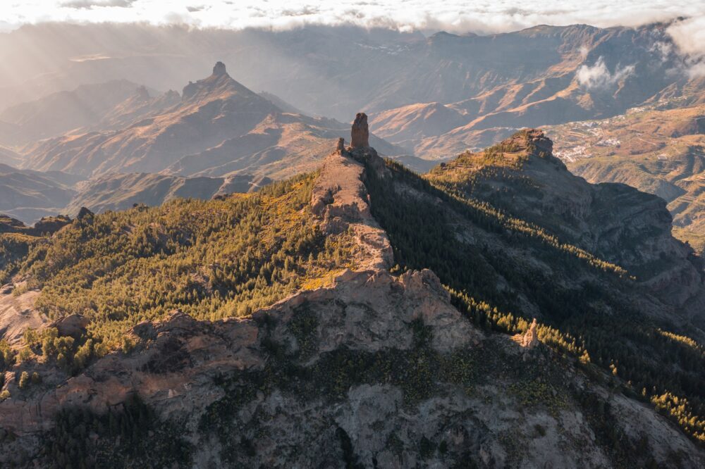Aerial view of Roque Nublo, a volcanic rock in caldera of Tejeda, Gran Canaria, Canary islands, Spai