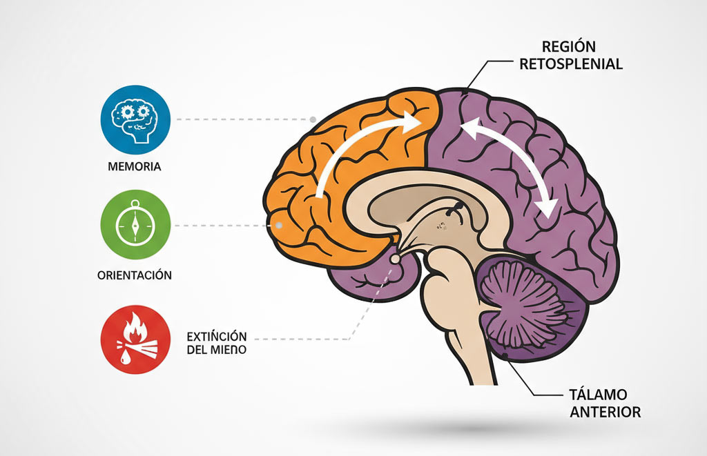 Infografía del cerebro con región retrosplenial y conexiones talámicas, implicaciones clínicas