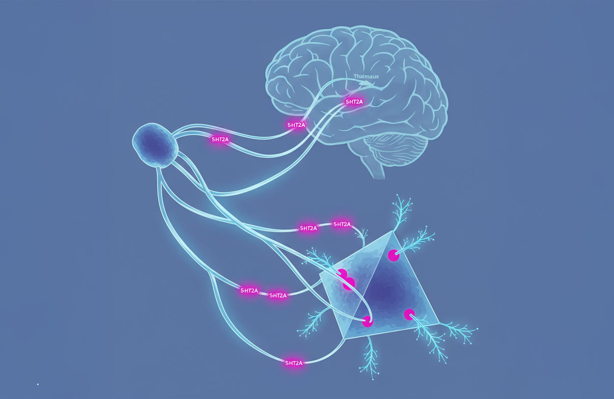 Esquema de neurona talámica con receptores 5-HT2A presinápticos potenciando espinas en la corteza retrosplenial