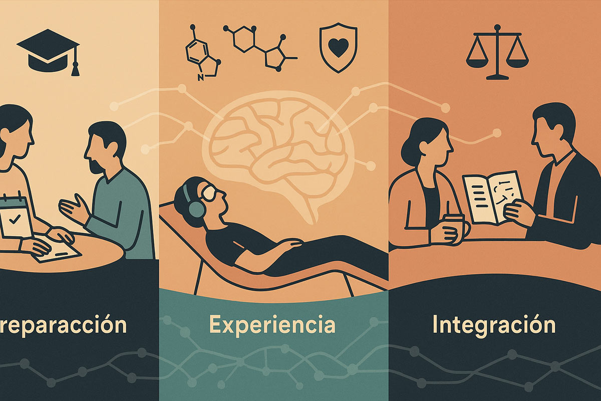 Ilustración conceptual de terapia con psicodélicos: terapeuta y paciente en entorno seguro, fases de preparación, experiencia e integración; se lee “terapia con psicodélicos” en el gráfico.